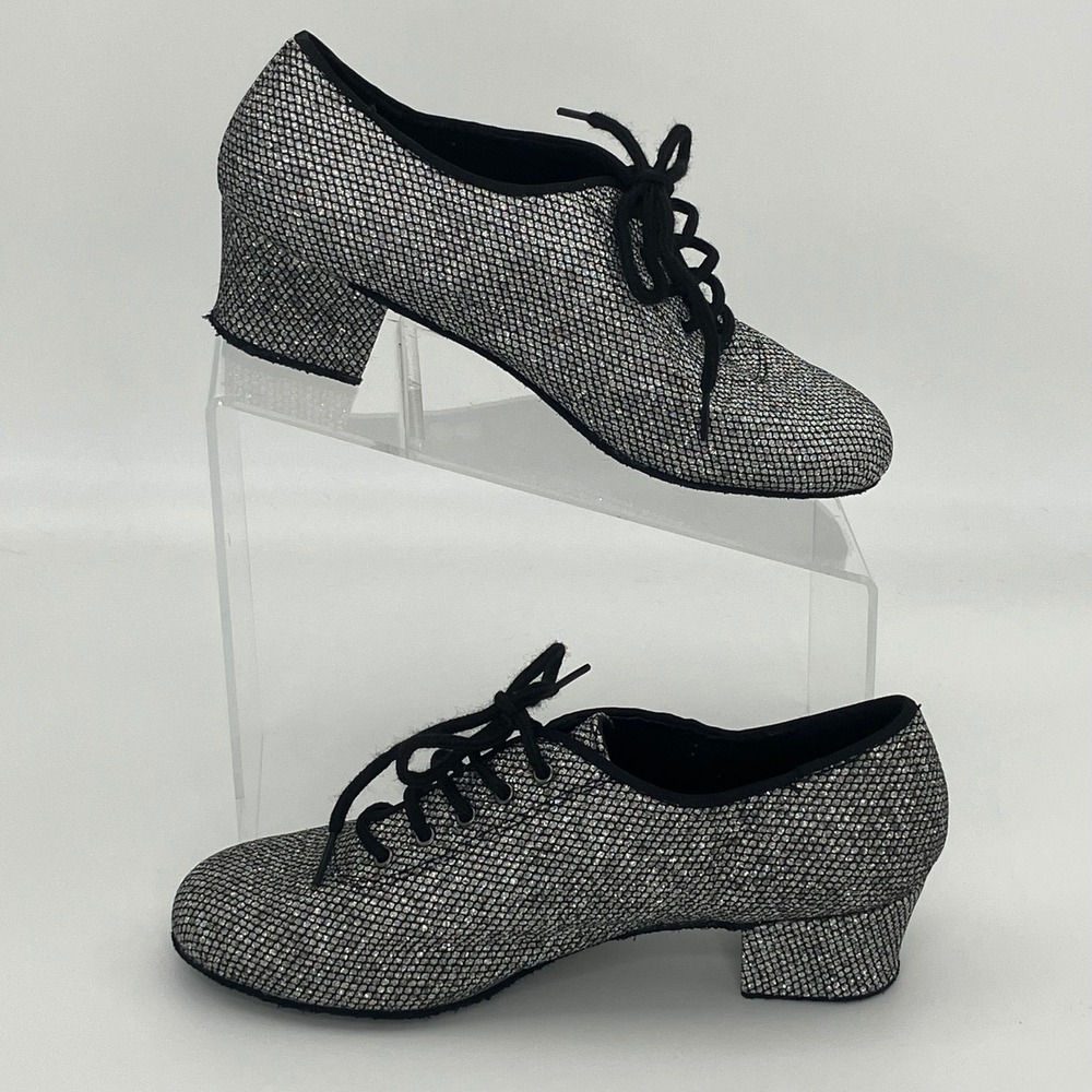 Very Fine Ballroom Dance Shoes 6.5 Black Silver Sparkle Lace Up Latin Salsa